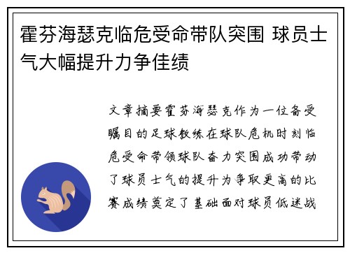 霍芬海瑟克临危受命带队突围 球员士气大幅提升力争佳绩